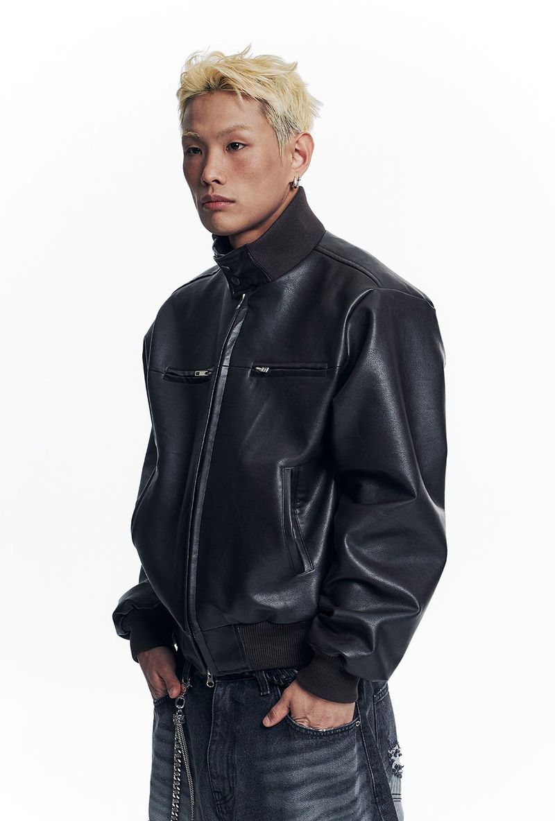 High Neck Leather Crop Jacket - Brown