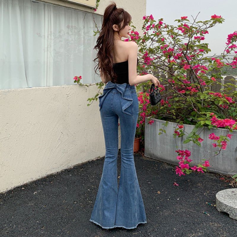 Ribbon Detail Denim Flare Pants