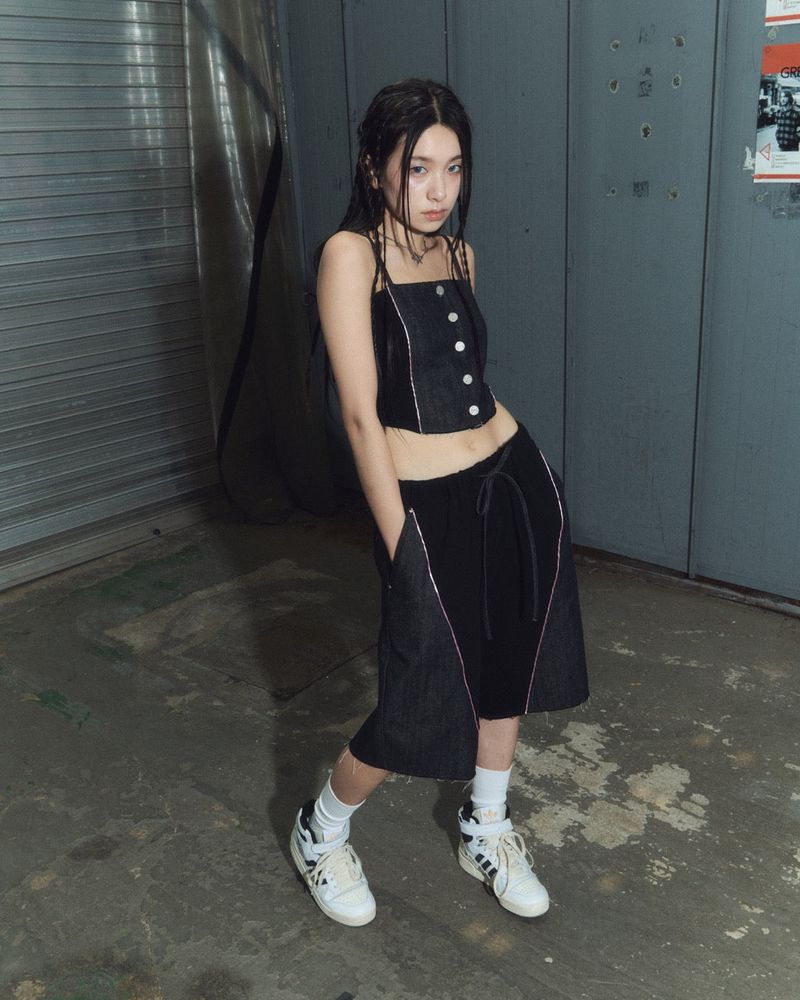denim combi half pt - black