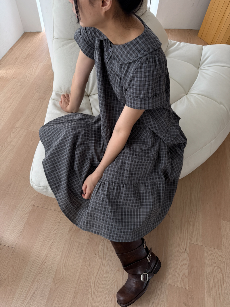 round collar check midi dress 