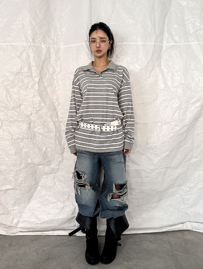 Twoin Stripe Rugby Collar Sweatshirt