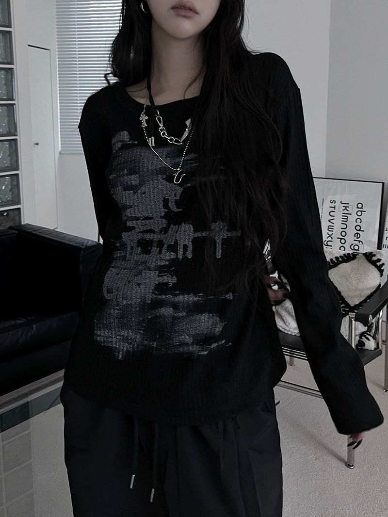 printed ribbed long sleeves (2color)