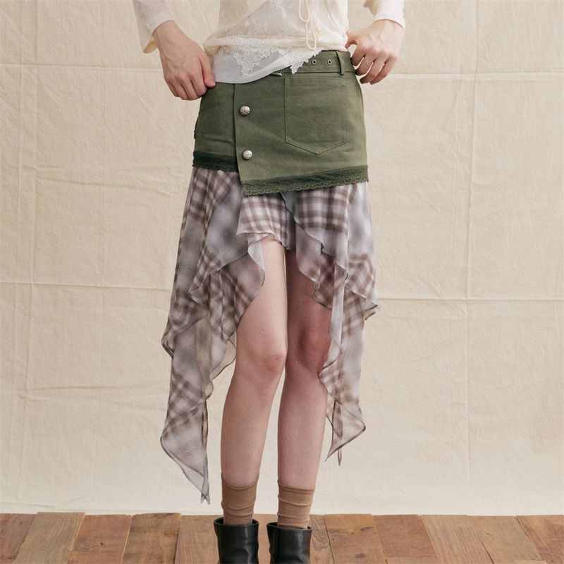 Layered asymmetrical check frill skirt