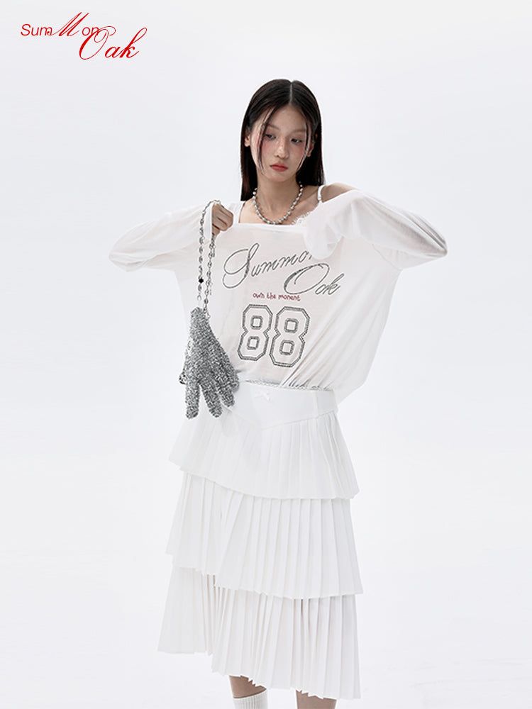 Summon Oak Lenzing Tencel Rhinestone-Embellished Off-Shoulder Lace Long-Sleeve T-Shirt for Women, Loose and Lightweight Sun Protection Cover-Up for Spring and Summer