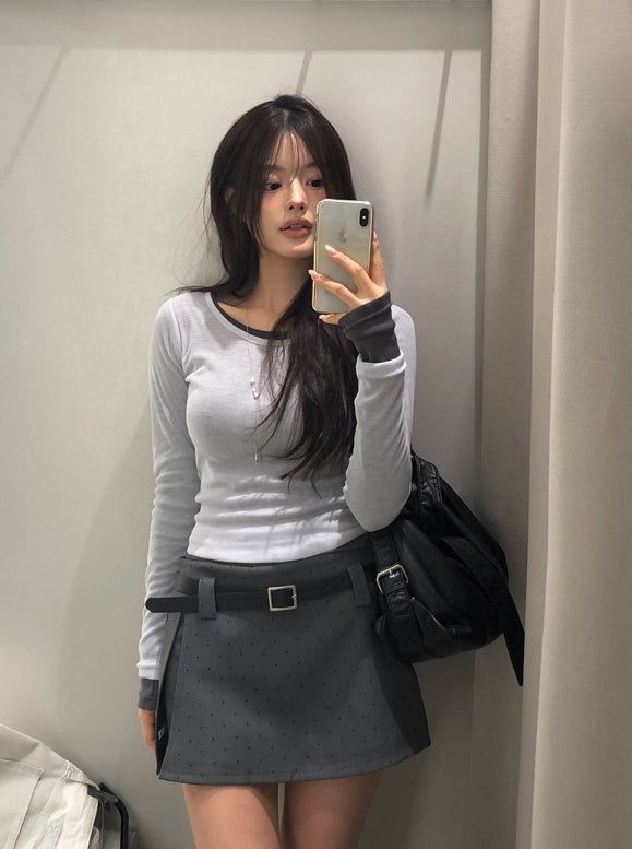 Oen Dot Slit Belt Mini Skirt