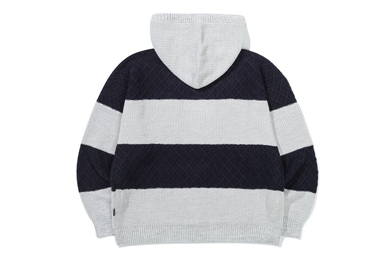 STRIPE RIB KNIT HOODIE_LIGHT GREY