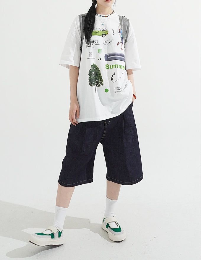 Pintuck Wide Raw Denim Bermuda Pants