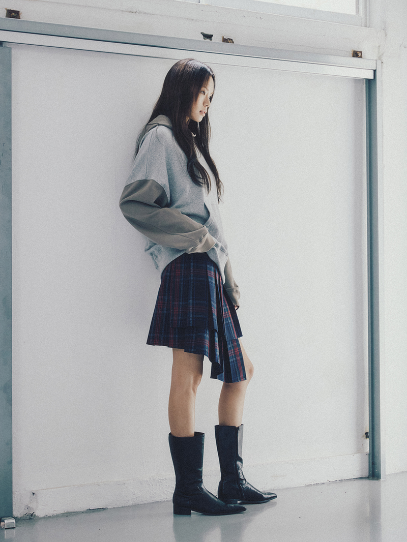 Pleated Wraparound Skirt Navy Check