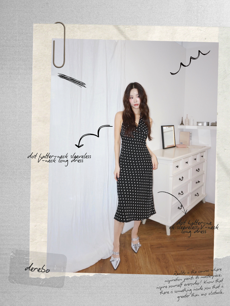 dot halter-neck sleeveless V-neck long dress