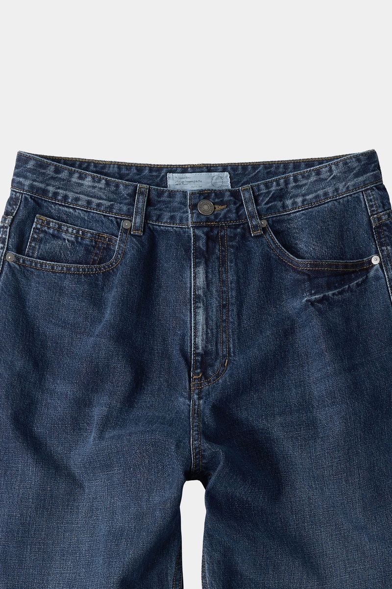 Loose Straight Biker Denim Pants (Washed Navy)