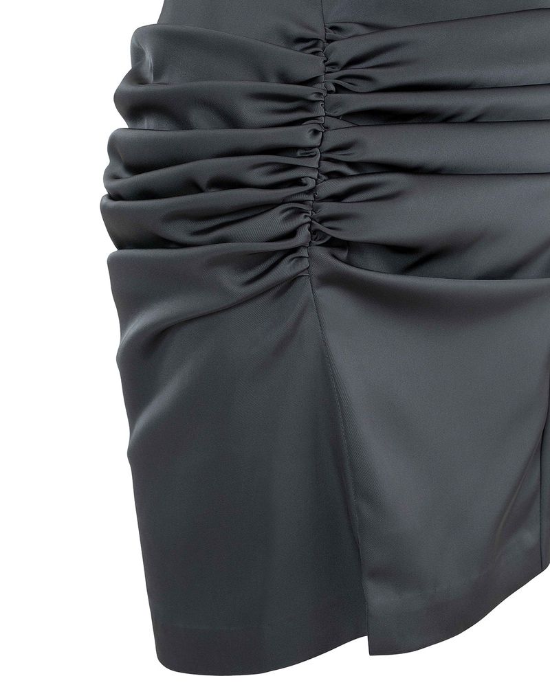Satin Draped Slit Mini Skirt _ Dark Grey