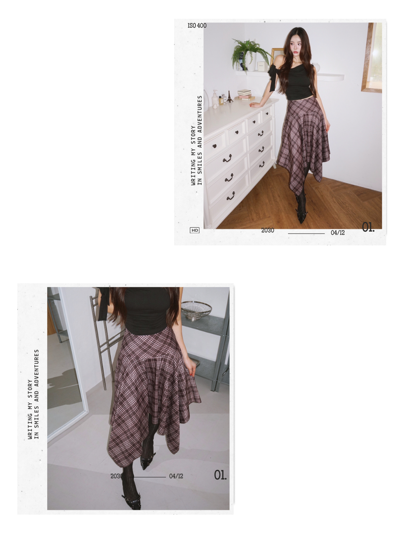 Unbalanced High Midi Checkered Skirt
