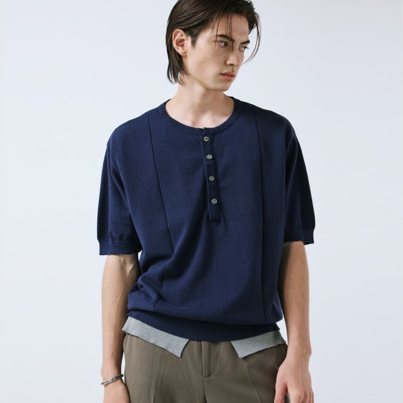 unveil henley neck layerd knit navy