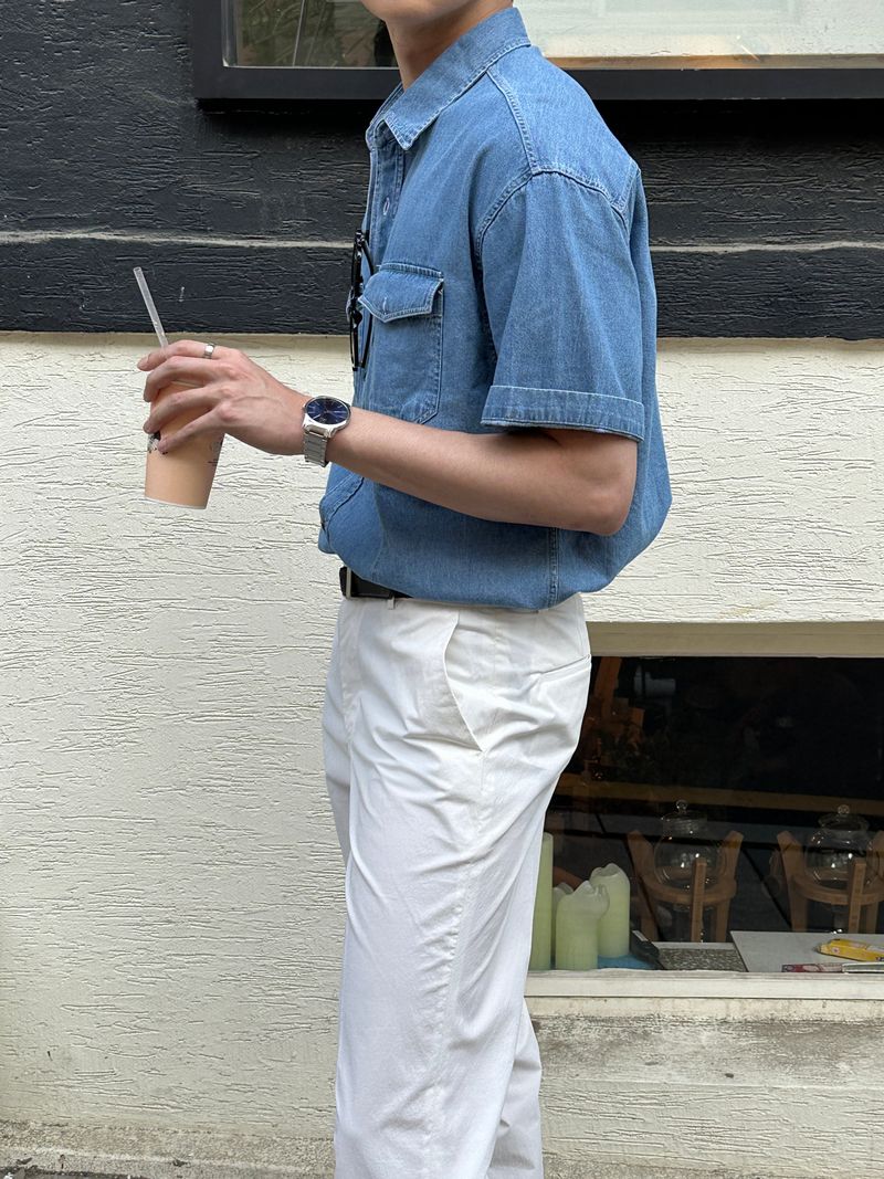 LMN Semi-Over Button Half Denim Shirt (2 colors)