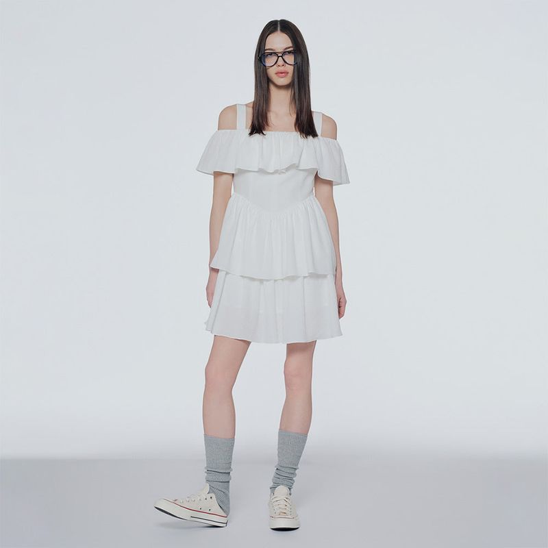Off-the-shoulder tiered mini dress