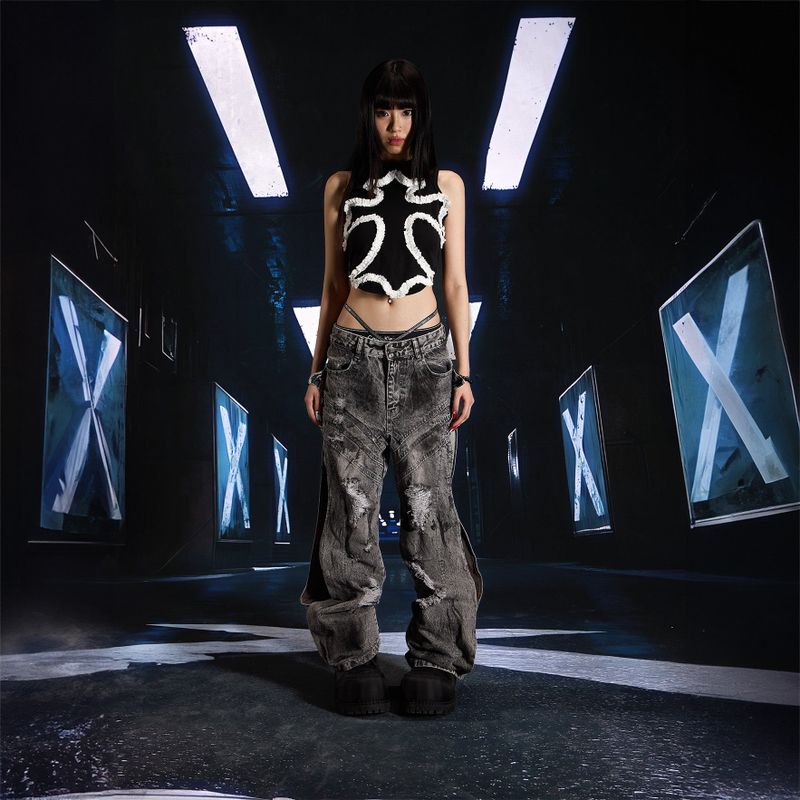 SEXXDEVIL Washed Deconstructed Denim Pants