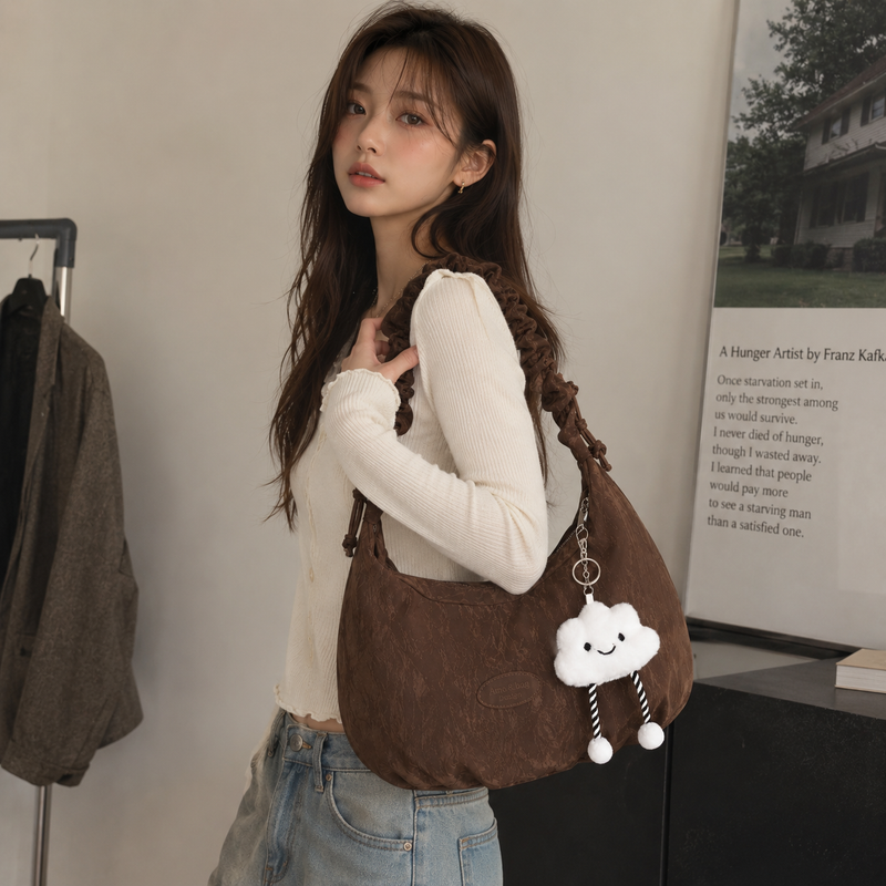Cloud doll key ring bag denim washed leather wave pattern wrinkle strap zipper shoulder bag