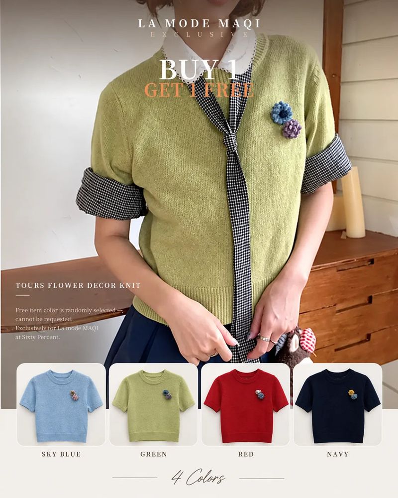 [1+1 Special] Tours Flower Decor Round Neck Wool Short Sleeve Knit