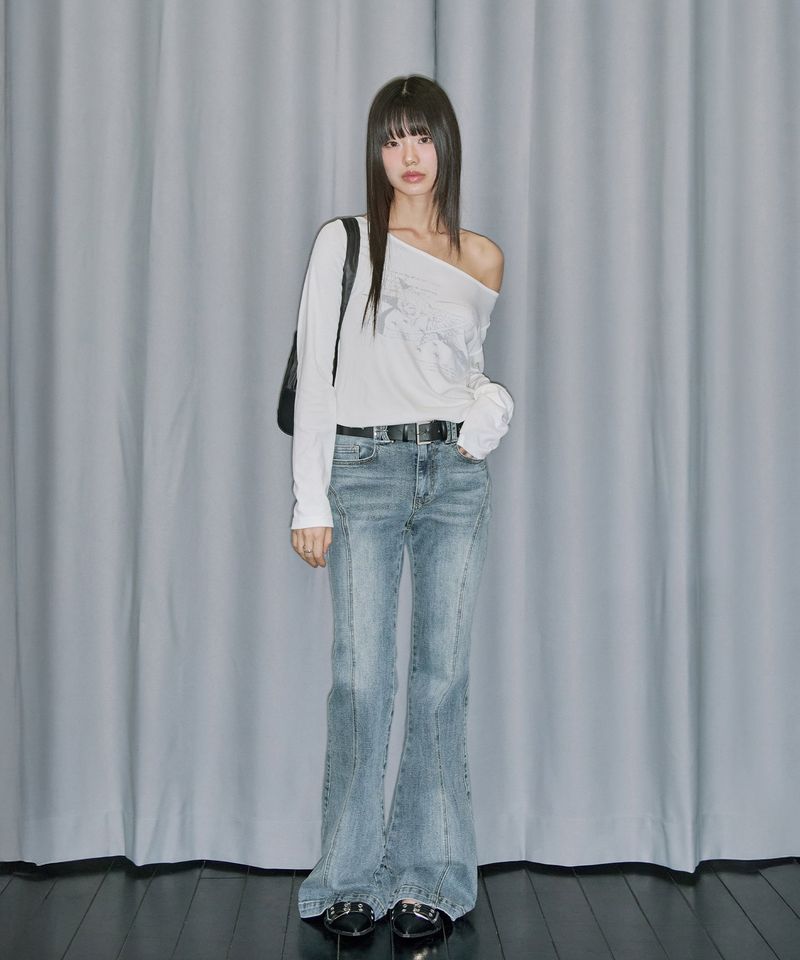 Curve Cut Bootcut Denim Pants - BLUE