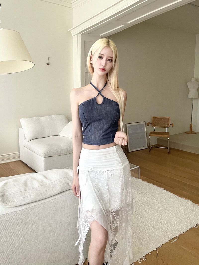 1371. Denim halter strap top (2color)