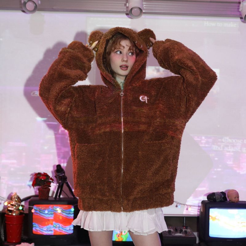 0 1 punk bear fleece jacket - BROWN