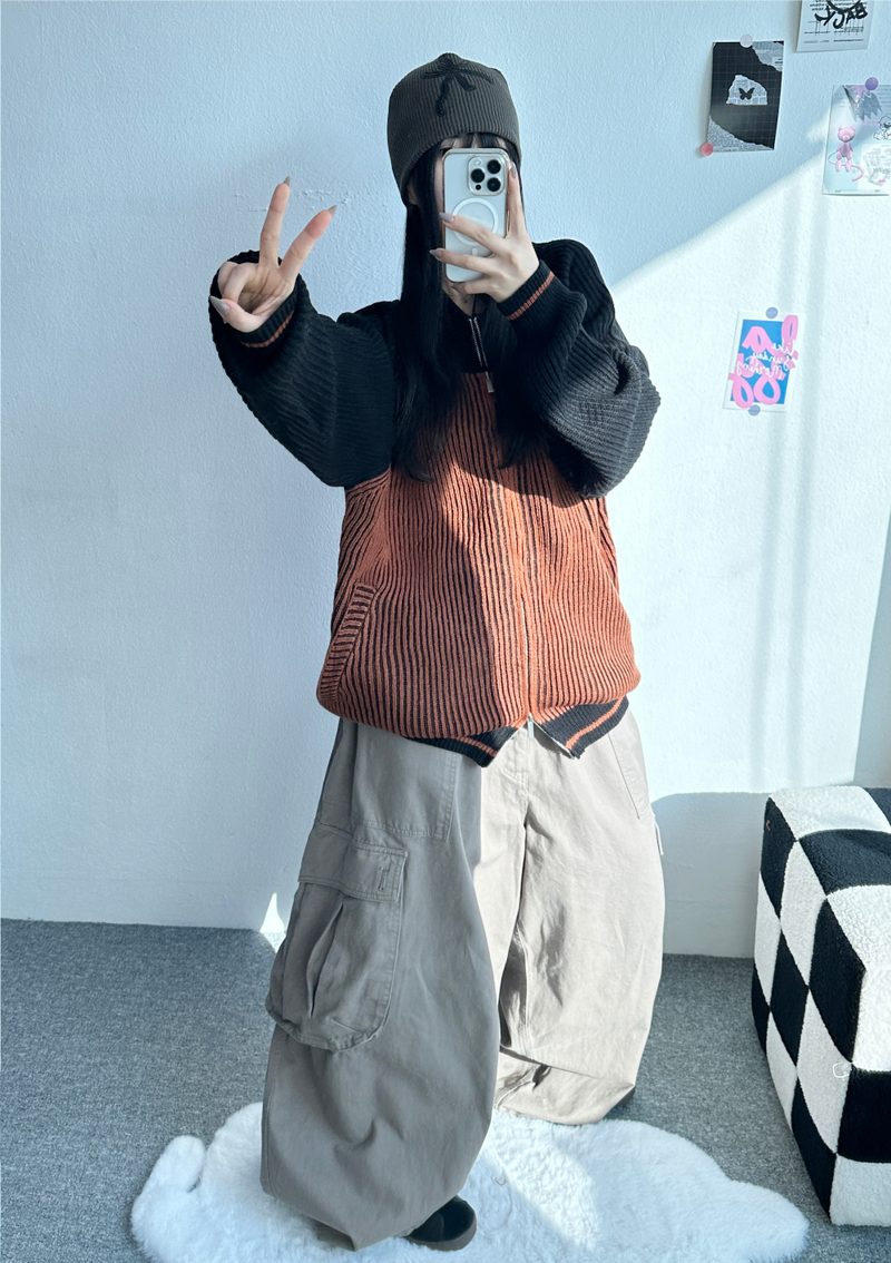 COLOR-BLOCK RAGLAN 2-WAY ZIP-UP🤎🖤🩶🤍 - 3 COLORS