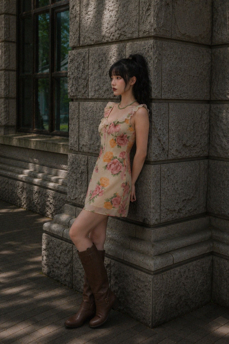 VINTAGE ROSE RUFFLE-STRAP MINI DRESS