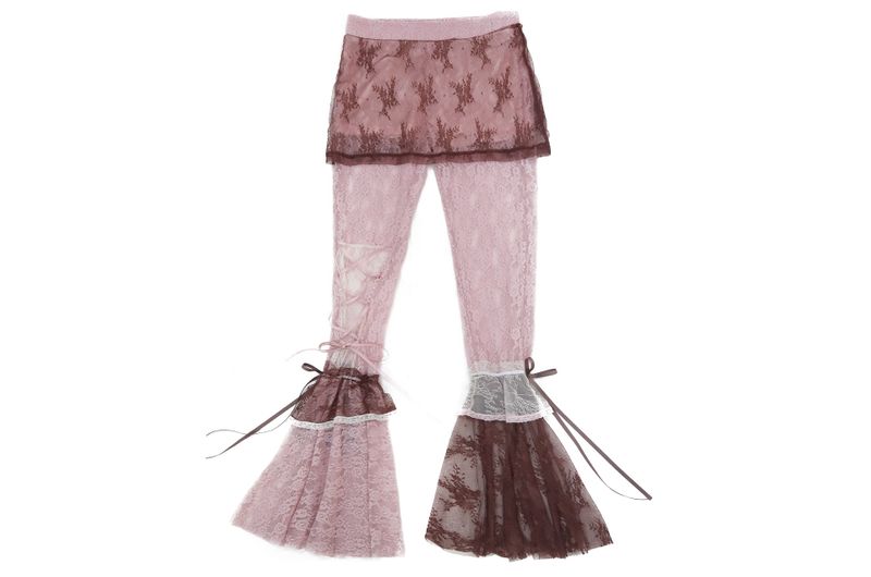 [Rose Island] Irregular Patchwork Lace Mesh Flared Pants Vintage Style Brown Version