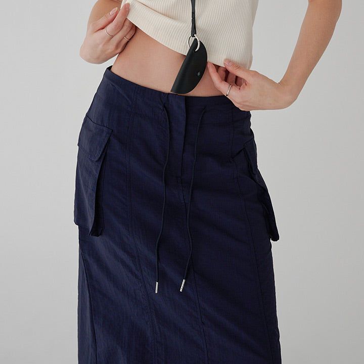  [made/free.xl] [Cheney] String A-Line Cargo Nylon Slit Long Skirt -5color