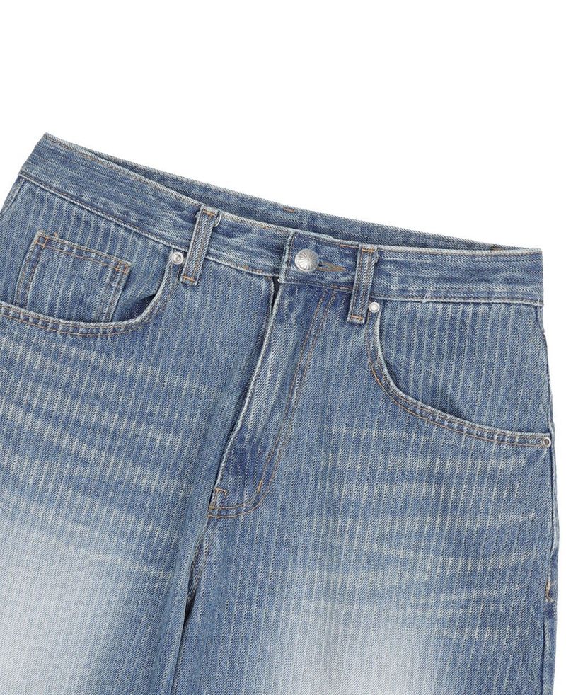Stripe Lettering Denim Pants - Medium Blue