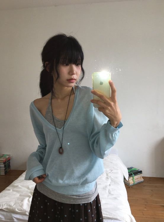 BAON（バオン）の「Otsuri Loose-Fit Summer Deep V-Neck Knit（Tops）」