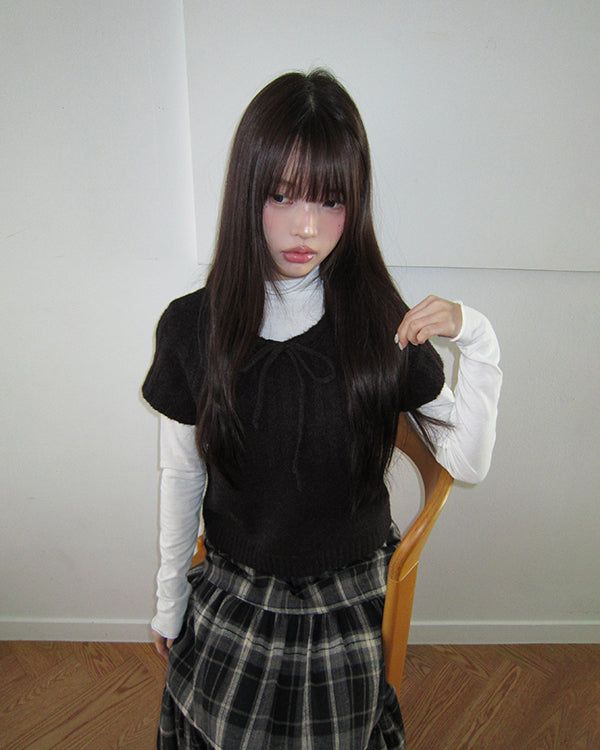 Moon Round-Neck Ribbon Layered Wool Short-Sleeve Knit