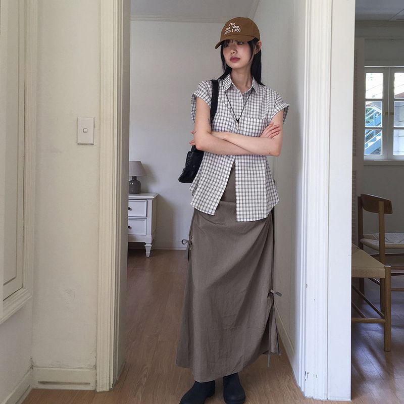 [MADE] Kishi eyelet ribbon shirring pocket Nylon long skirt