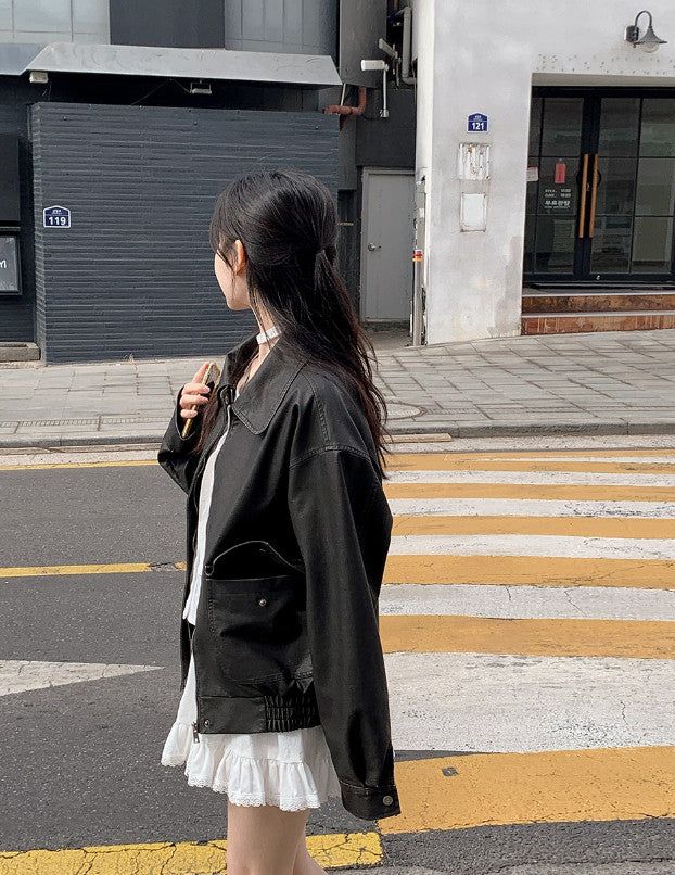 #Big Pocket Collar Loose Leather Jacket