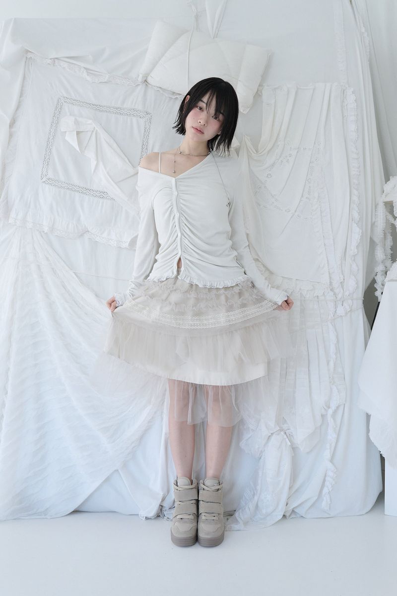 TULLE FRILL MIDI SKIRT SOFT BUTTER