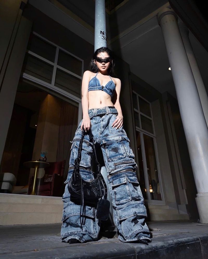WASH-DENIM CARGO PANTS MULTI POCKET (Blue)