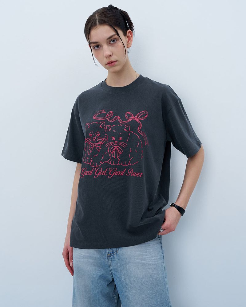 RIBBON CATS TSHIRT-CHARCOAL