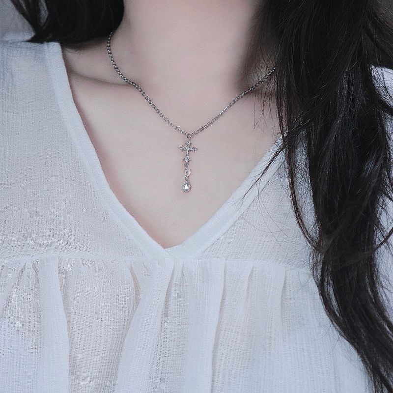 cross water drop transparent gemstone necklace