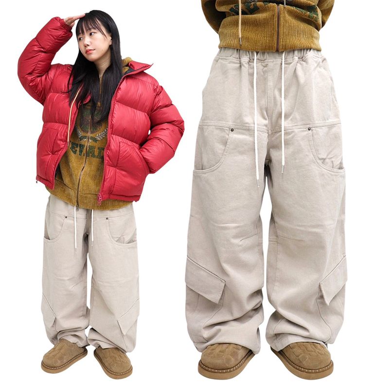 Wide Peach-Finish Utility Pocket Pants