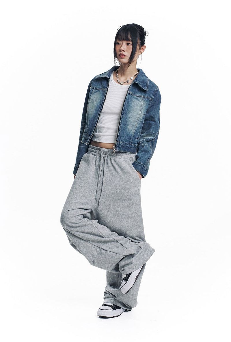 Washed Crop Track Denim Jacket - Deep Blue