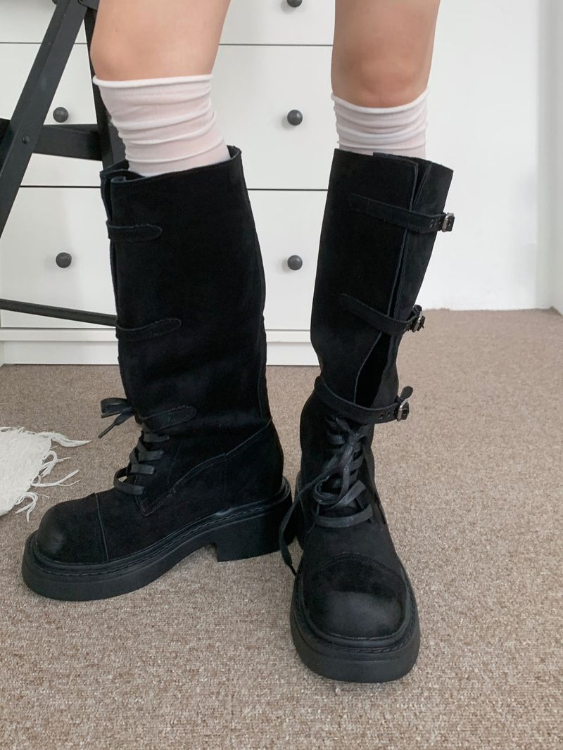 Kelvo Triple Buckle Belt Lace-Up Suede Oversole Long Boots (2 Colors)