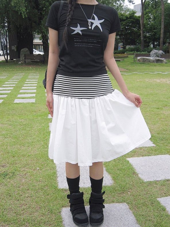 anyonemore（エニーワンモアー）の「Apyo Stripe Color Matching Banding Tiered Midi Skirt（Skirts）」