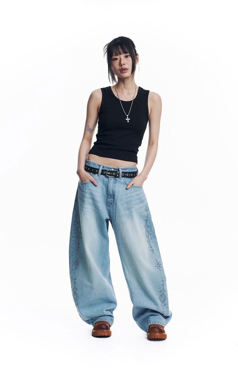 Curved Western Stud Denim Pants - Light Blue