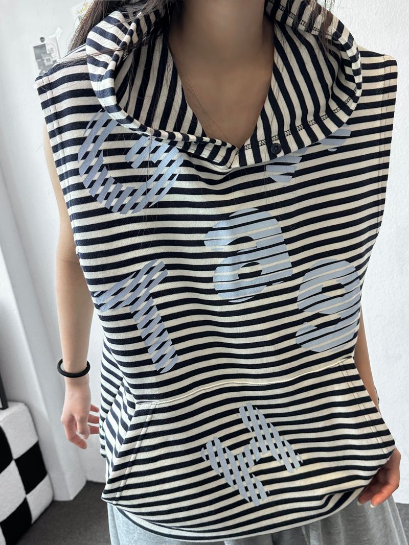 Swan Stripe Letter Patch Hooded Sleeveless Top 3color