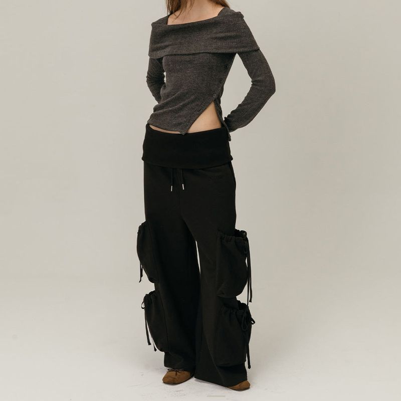 FOLDOVER SHIRRING SWEATPANTS / BLACK