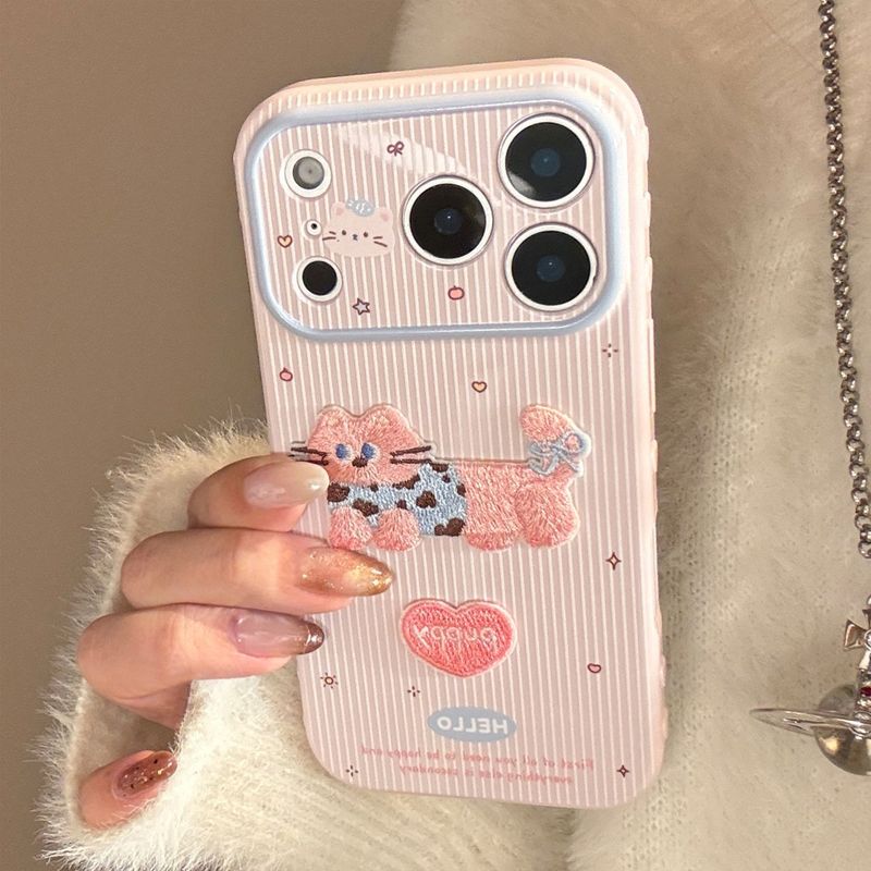 Embroidered Blue Pink Cat Soft iPhone Case