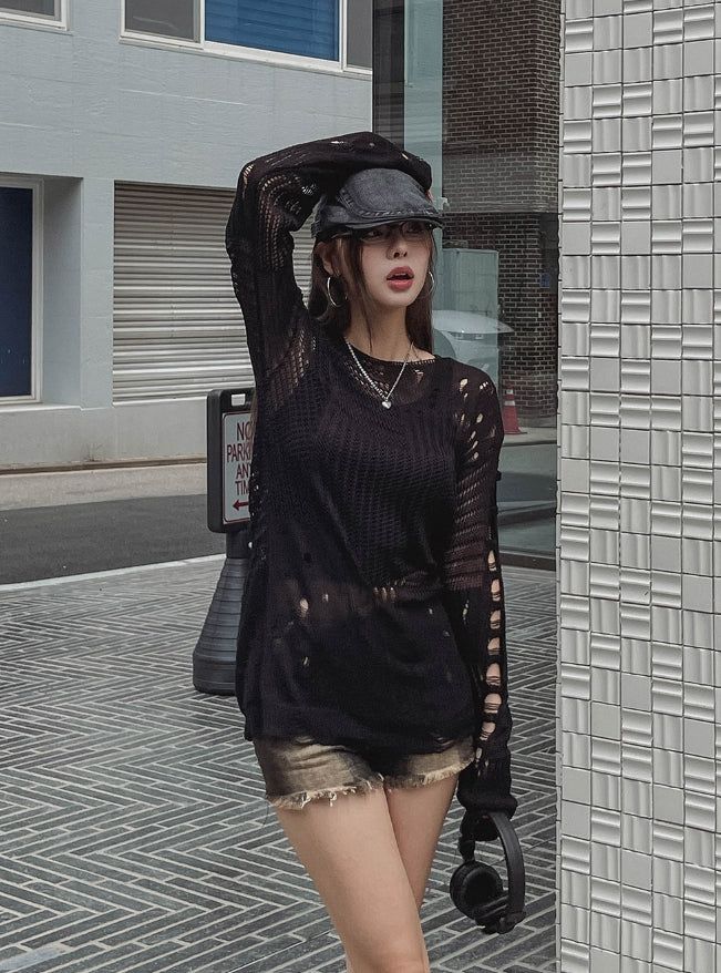 Luffy Openwork Damage Long Knit