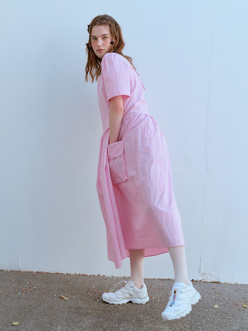  SQUARE NECK POCKET DRESS, PINK