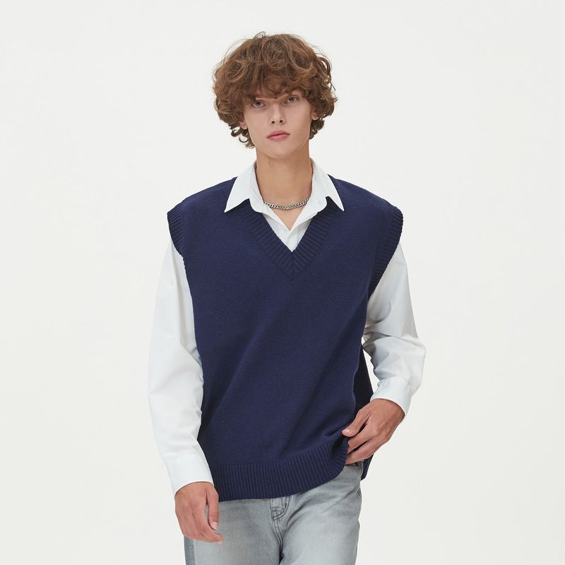 LAMBSWOOL V NECK KNIT VEST_NAVY