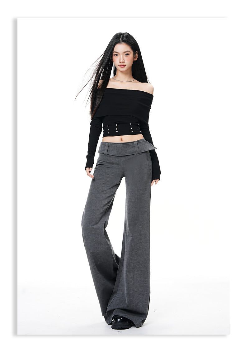 French Low-Waist Micro Flare Slacks – Tailored Slim Wide Casual Pants